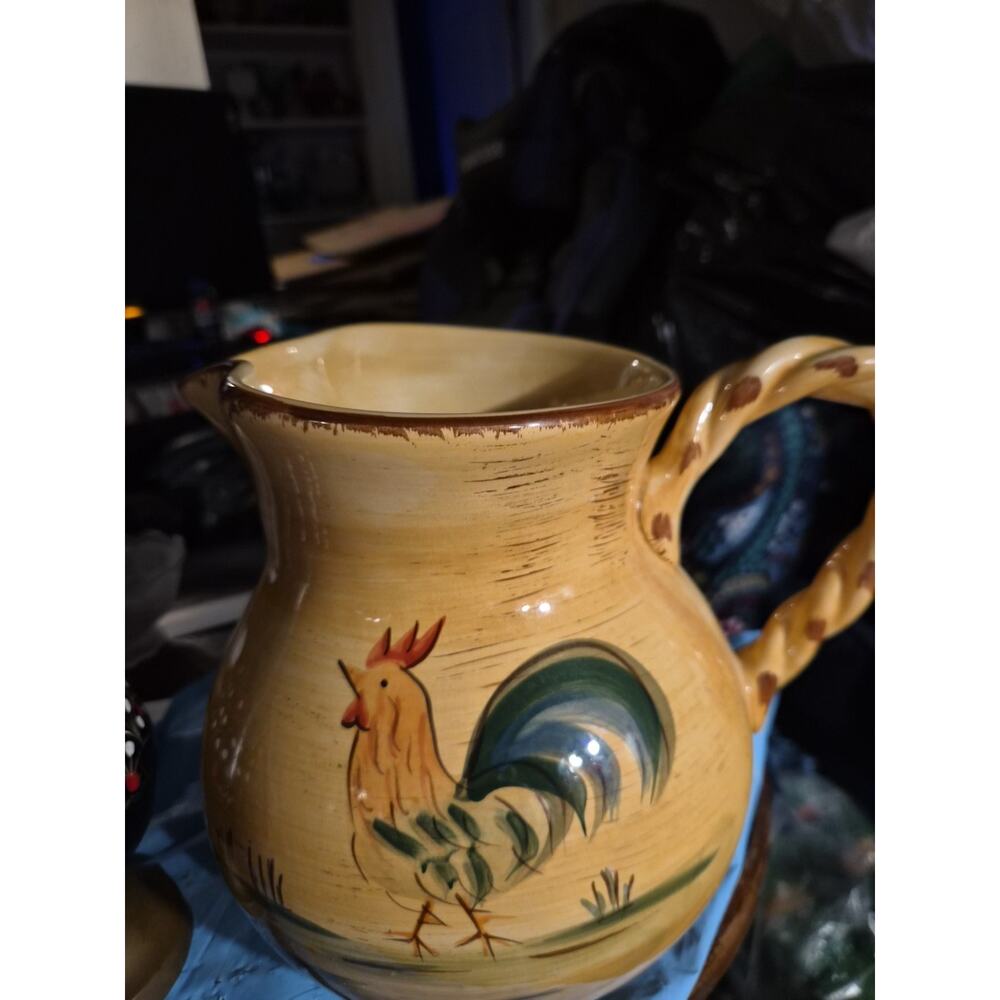 Vintage Brand Home Rooster Ceramic Pitcher Handpainted Orange And Green...